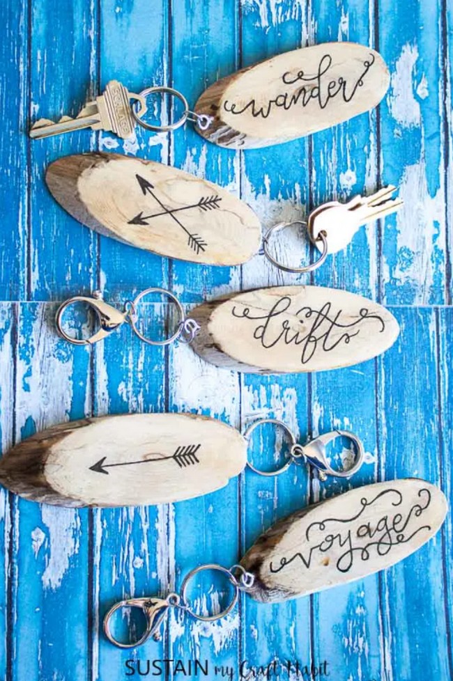Hand Lettered Wood Slice Keychains
