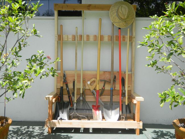 Garden Tool Rack with Foldable Bench