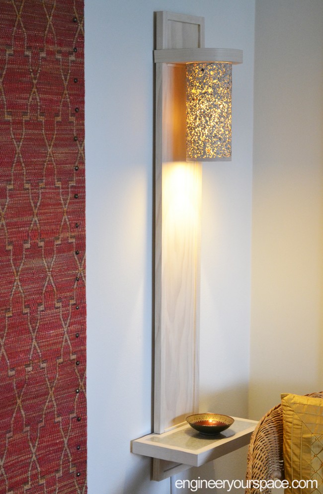 DIY Wall Lamp Sconce With a Shelf Made With Hand Tools