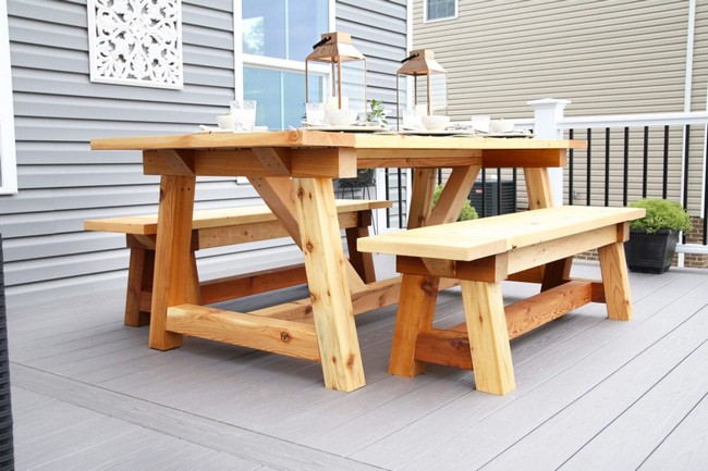 DIY Truss Beam Farmhouse Style Outdoor Table And Benches